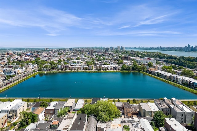 drone / aerial view with a water view