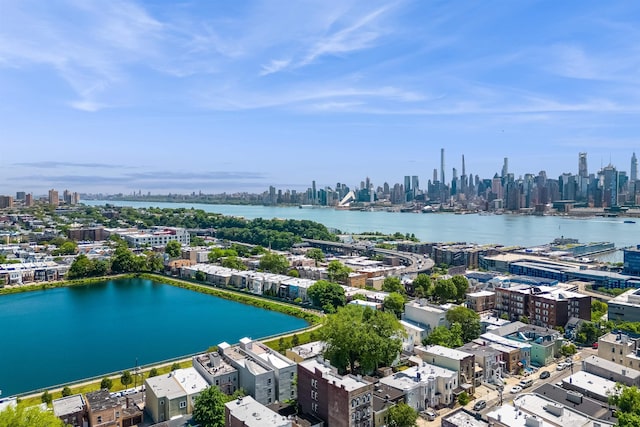 drone / aerial view with a water view