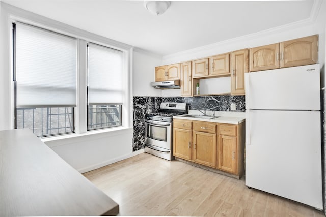 315 56th St Unit C1, West New York, NJ 07093 - kitchen featuring freestanding refrigerator, stainless steel range with gas stovetop, under cabinet range hood, light countertops, and ornamental molding