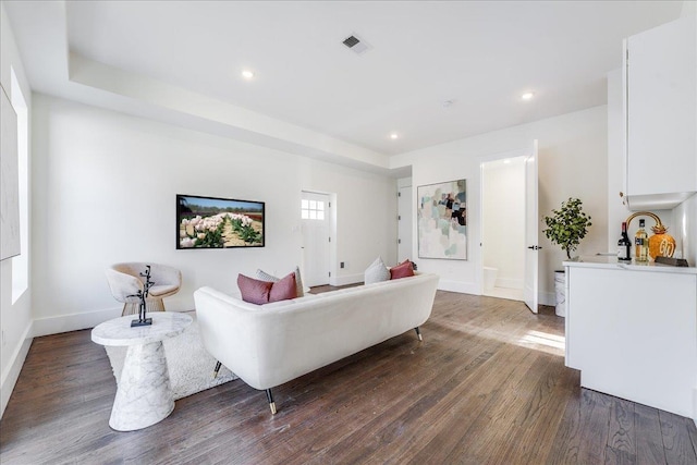 living room featuring a raised ceiling and dark hardwood / wood-style floors