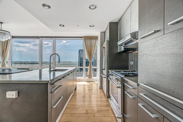 2 2nd St Unit 3805-1, Jersey City, NJ 07302 - kitchen with appliances with stainless steel finishes, modern cabinets, under cabinet range hood, a sink, and light wood-style flooring