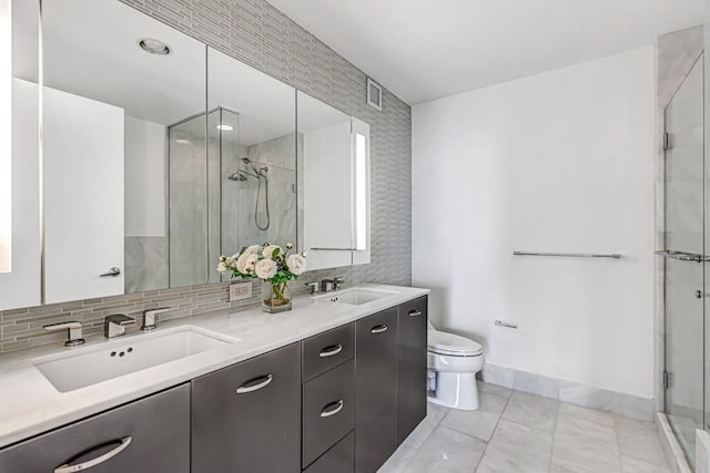 2 2nd St Unit 3805-1, Jersey City, NJ 07302 - full bath featuring a shower stall, toilet, double vanity, baseboards, and tasteful backsplash