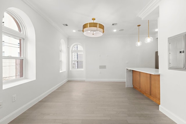133 Clifton Pl Unit 2, Jersey City, NJ 07304 - unfurnished room featuring electric panel, light wood finished floors, crown molding, and recessed lighting