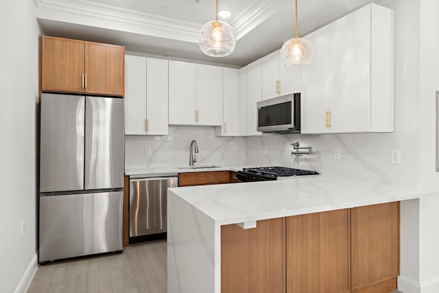 133 Clifton Pl Unit 2, Jersey City, NJ 07304 - kitchen featuring stainless steel appliances, a peninsula, light wood-type flooring, light stone countertops, and ornamental molding