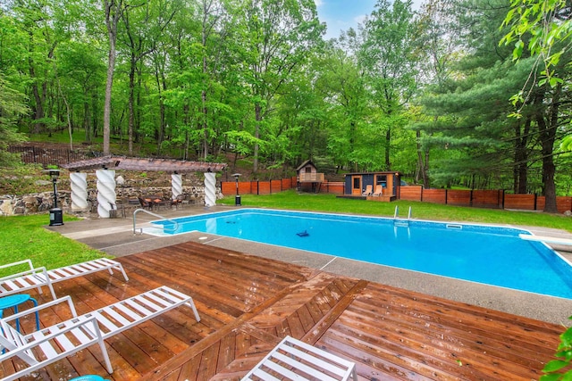 203 Stanhope Rd, Sparta, NJ 07871 - view of pool with a deck, a fenced backyard, an outbuilding, and a diving board
