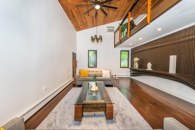 203 Stanhope Rd, Sparta, NJ 07871 - living area featuring a baseboard radiator, ceiling fan, wood finished floors, high vaulted ceiling, and recessed lighting