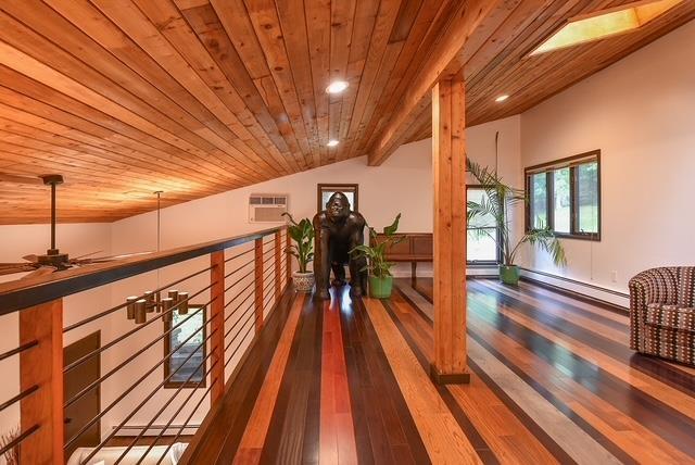 203 Stanhope Rd, Sparta, NJ 07871 - corridor with wooden ceiling, vaulted ceiling, wood-type flooring, a baseboard heating unit, and recessed lighting