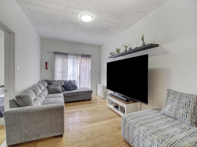 living room with light wood-type flooring, radiator heating unit, and a textured ceiling