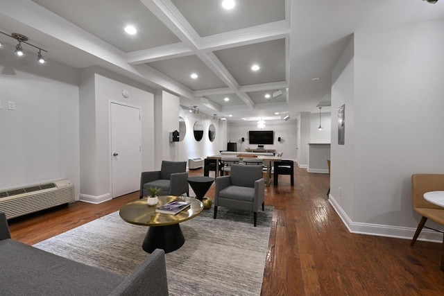 100 Manhattan Ave Unit 2010, Union City, NJ 07087 - living area featuring coffered ceiling, beamed ceiling, wood finished floors, and recessed lighting