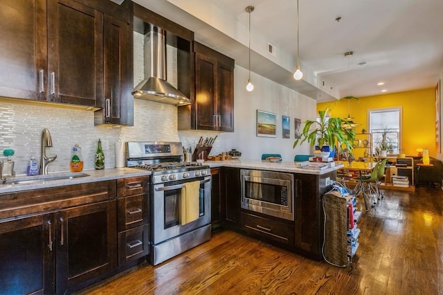 kitchen featuring dark wood finished floors, wall chimney exhaust hood, a peninsula, stainless steel appliances, and a sink