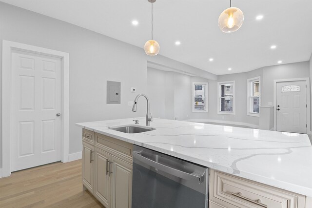 95 Claremont Ave, Jersey City, NJ 07304 - kitchen featuring stainless steel dishwasher, electric panel, light wood-style floors, pendant lighting, and recessed lighting