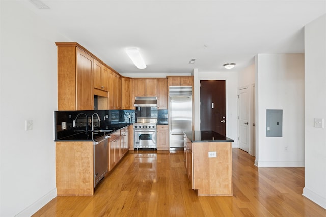 kitchen with high end appliances, light wood-style floors, a sink, under cabinet range hood, and backsplash