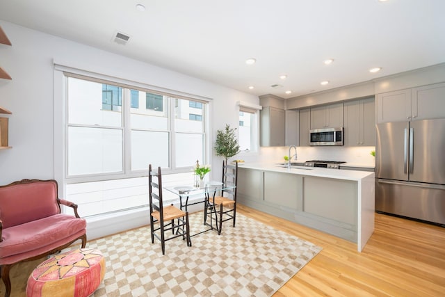 384 7th St Unit 5, Jersey City, NJ 07302 - kitchen with stainless steel appliances, gray cabinets, light wood-type flooring, light countertops, and a peninsula
