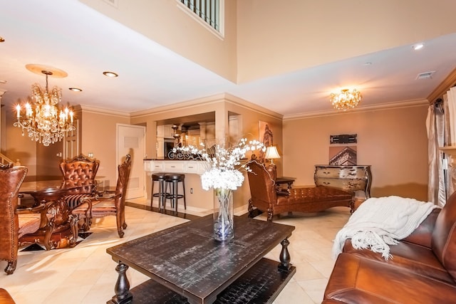 750 Mainsail Ln, Secaucus, NJ 07094 - living room featuring ornamental molding, a notable chandelier, and light tile patterned flooring
