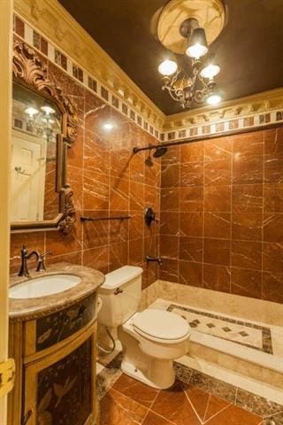 750 Mainsail Ln, Secaucus, NJ 07094 - full bath with tile patterned floors, a tile shower, tile walls, toilet, and vanity