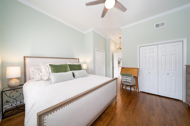 78 Madison St Unit 2, Hoboken, NJ 07030 - bedroom featuring crown molding, dark wood-type flooring, ceiling fan, and a chandelier
