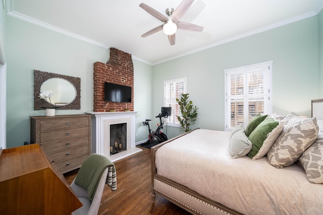 78 Madison St Unit 2, Hoboken, NJ 07030 - bedroom featuring wood finished floors, ornamental molding, a fireplace, and a ceiling fan