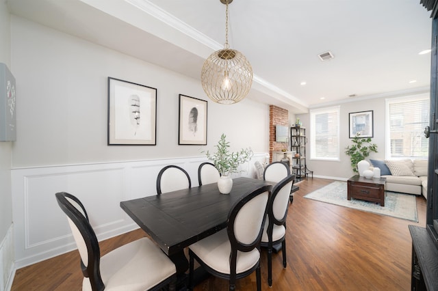 78 Madison St Unit 2, Hoboken, NJ 07030 - dining area featuring ornamental molding, wood finished floors, wainscoting, recessed lighting, and a chandelier