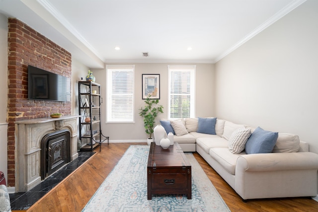 78 Madison St Unit 2, Hoboken, NJ 07030 - living room with crown molding, wood finished floors, a fireplace, and recessed lighting