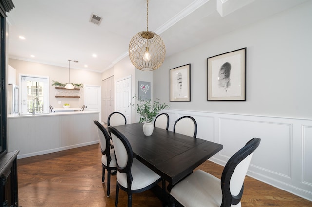78 Madison St Unit 2, Hoboken, NJ 07030 - dining space with wood finished floors, ornamental molding, a wainscoted wall, a decorative wall, and recessed lighting