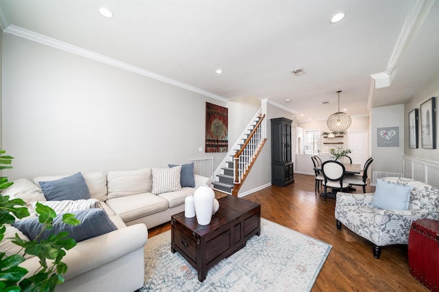 78 Madison St Unit 2, Hoboken, NJ 07030 - living room featuring crown molding, dark wood-type flooring, recessed lighting, a chandelier, and stairway
