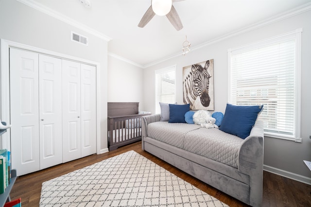 78 Madison St Unit 2, Hoboken, NJ 07030 - bedroom with crown molding, a closet, wood finished floors, and ceiling fan