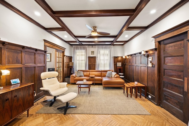 138 Kensington Ave Unit 3, Jersey City, NJ 07304 - living area with beam ceiling, wainscoting, recessed lighting, coffered ceiling, and a ceiling fan