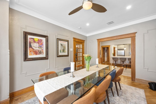138 Kensington Ave Unit 3, Jersey City, NJ 07304 - dining area featuring ceiling fan, baseboards, ornamental molding, visible vents, and recessed lighting