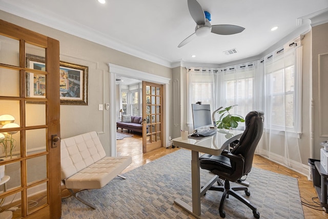 138 Kensington Ave Unit 3, Jersey City, NJ 07304 - office space with crown molding, ceiling fan, baseboards, visible vents, and recessed lighting