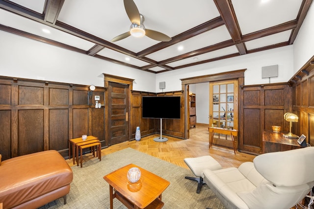 138 Kensington Ave Unit 3, Jersey City, NJ 07304 - living area featuring wainscoting, recessed lighting, coffered ceiling, beamed ceiling, and a ceiling fan
