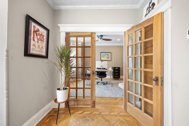 138 Kensington Ave Unit 3, Jersey City, NJ 07304 - corridor with baseboards, ornamental molding, and french doors