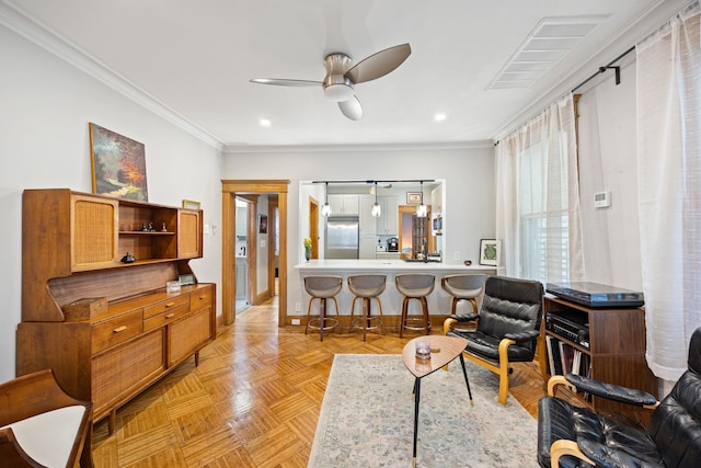 138 Kensington Ave Unit 3, Jersey City, NJ 07304 - living area with a ceiling fan, crown molding, baseboards, visible vents, and recessed lighting