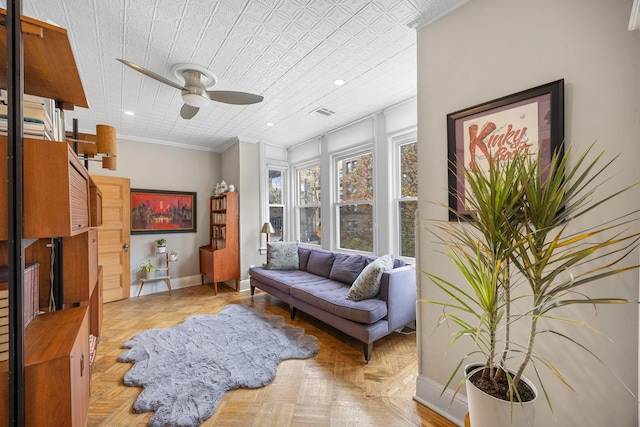 138 Kensington Ave Unit 3, Jersey City, NJ 07304 - living area featuring recessed lighting, ornamental molding, baseboards, and ceiling fan