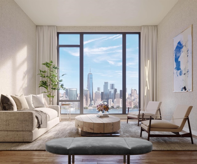 living room with plenty of natural light and wood-type flooring