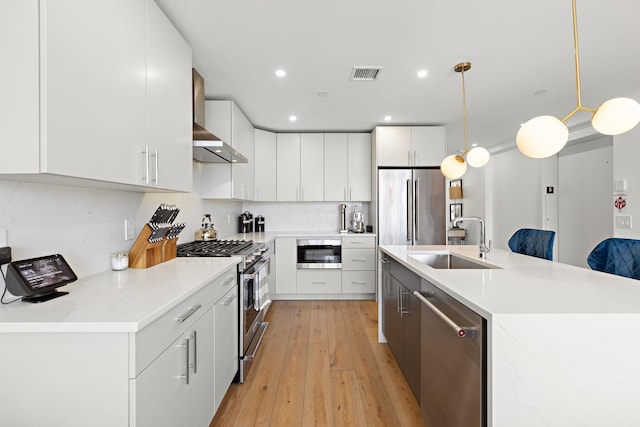 kitchen featuring wall chimney exhaust hood, tasteful backsplash, visible vents, a sink, and stainless steel appliances