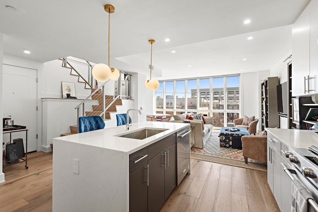 kitchen with a sink, stainless steel dishwasher, light wood-type flooring, and recessed lighting