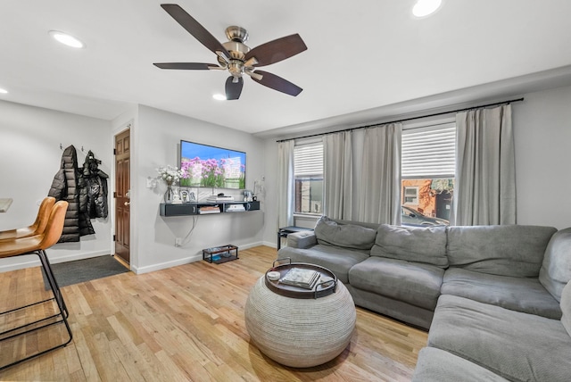 607 1st St Unit 1, Hoboken, NJ 07030 - living area featuring recessed lighting, wood finished floors, a ceiling fan, and baseboards