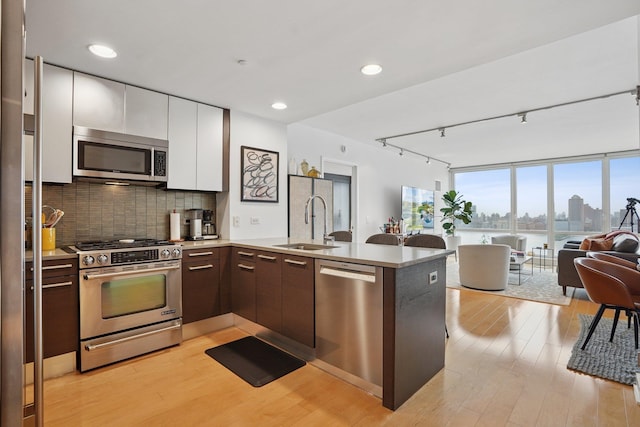2 2nd St Unit 3103, Jersey City, NJ 07302 - kitchen featuring stainless steel appliances, a sink, open floor plan, a peninsula, and light wood finished floors