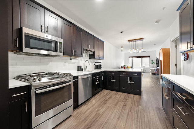 kitchen featuring decorative light fixtures, tasteful backsplash, sink, kitchen peninsula, and stainless steel appliances