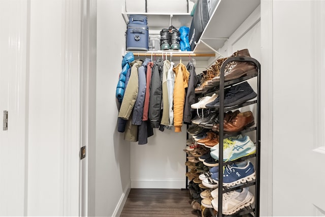 spacious closet with dark hardwood / wood-style flooring