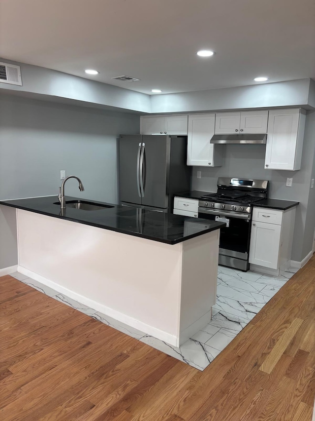 kitchen with marble finish floor, visible vents, appliances with stainless steel finishes, a sink, and under cabinet range hood