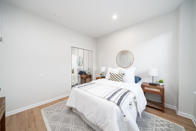 bedroom featuring wood-type flooring and a closet