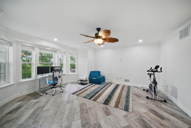 28 Creekside Ct Unit 28, Secaucus, NJ 07094 - workout area with recessed lighting, wood finished floors, ornamental molding, baseboards, and ceiling fan