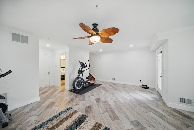28 Creekside Ct Unit 28, Secaucus, NJ 07094 - workout area with ornamental molding, light wood finished floors, recessed lighting, baseboards, and ceiling fan