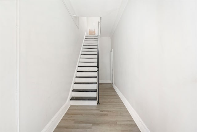 stairs featuring wood-type flooring and ornamental molding