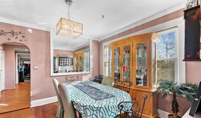 dining room with ornamental molding and dark hardwood / wood-style floors