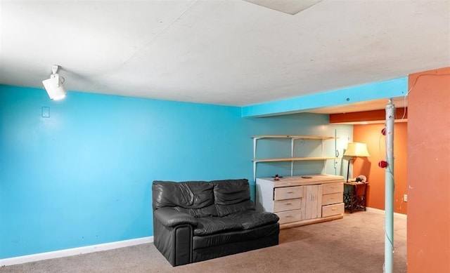 sitting room featuring light colored carpet