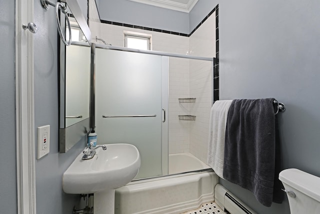 127 Park Ave Unit 2, Hoboken, NJ 07030 - full bath with combined bath / shower with glass door, toilet, baseboard heating, and crown molding