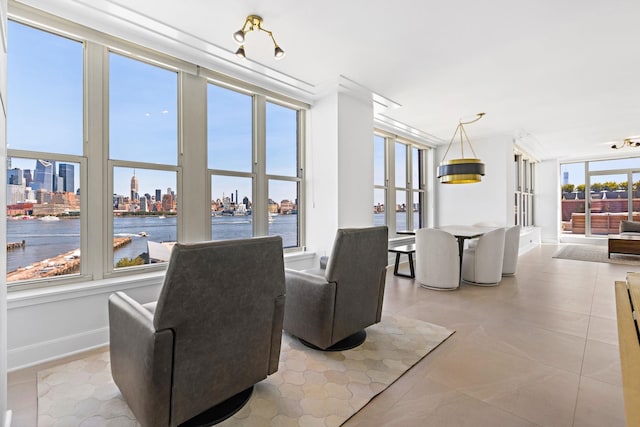 1125 Maxwell Ln Unit 654, Hoboken, NJ 07030 - living room with a view of skyline, a water view, and baseboards