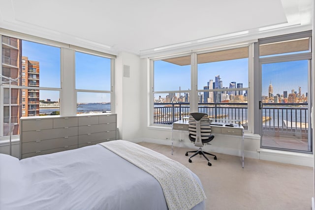 1125 Maxwell Ln Unit 654, Hoboken, NJ 07030 - carpeted bedroom with a view of skyline, access to outside, a desk, baseboards, and a water view